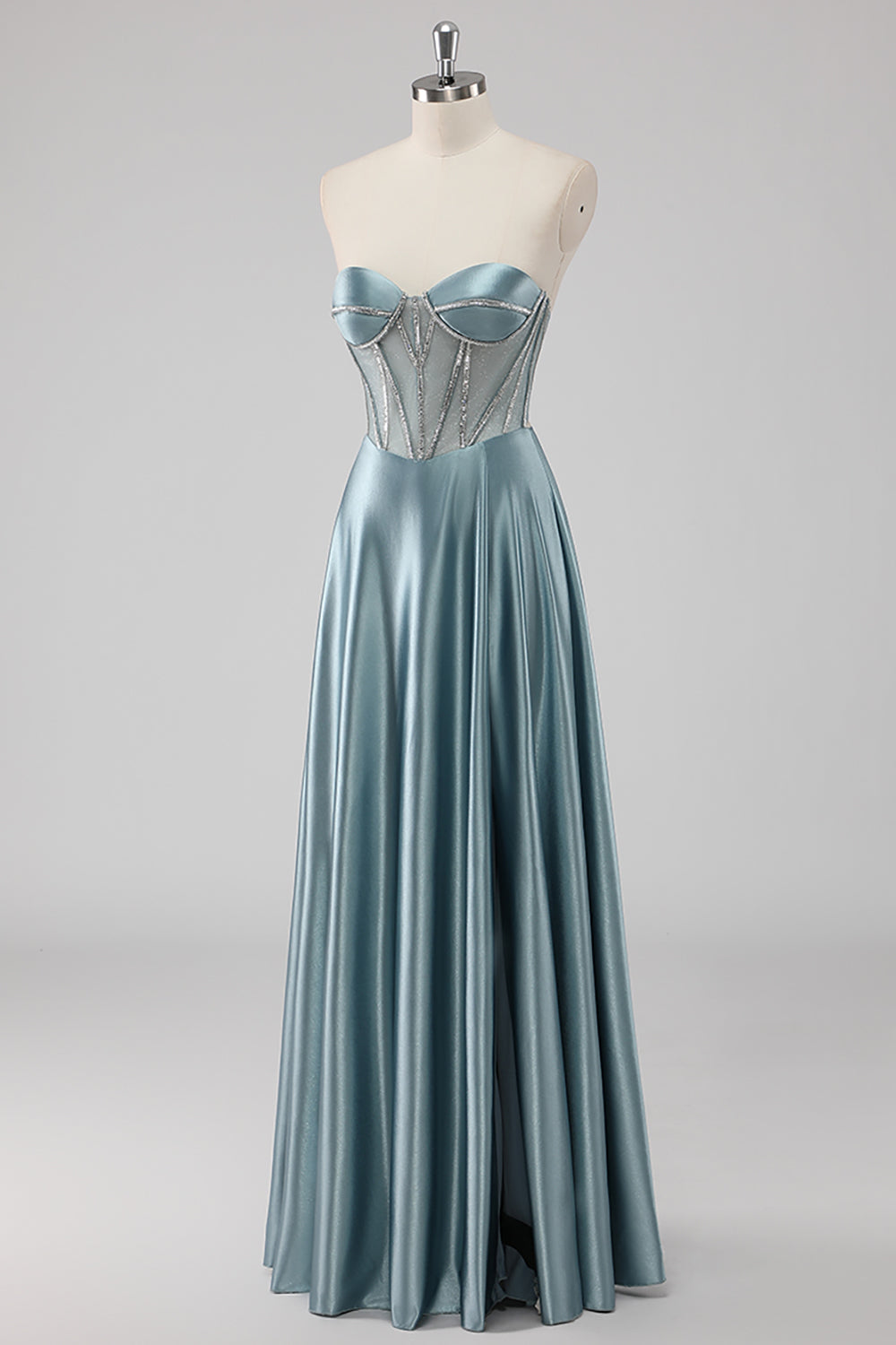 Sparkly Grey Blue Strapless Corset Satin Maxi Prom Dress with Beading