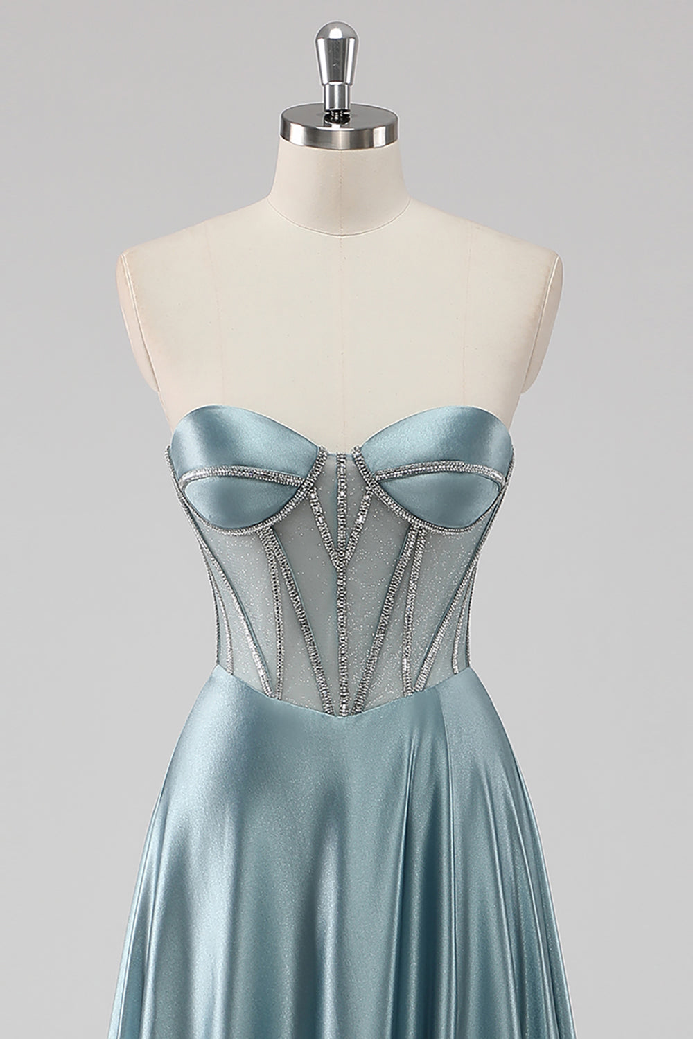 Sparkly Grey Blue Strapless Corset Satin Maxi Prom Dress with Beading