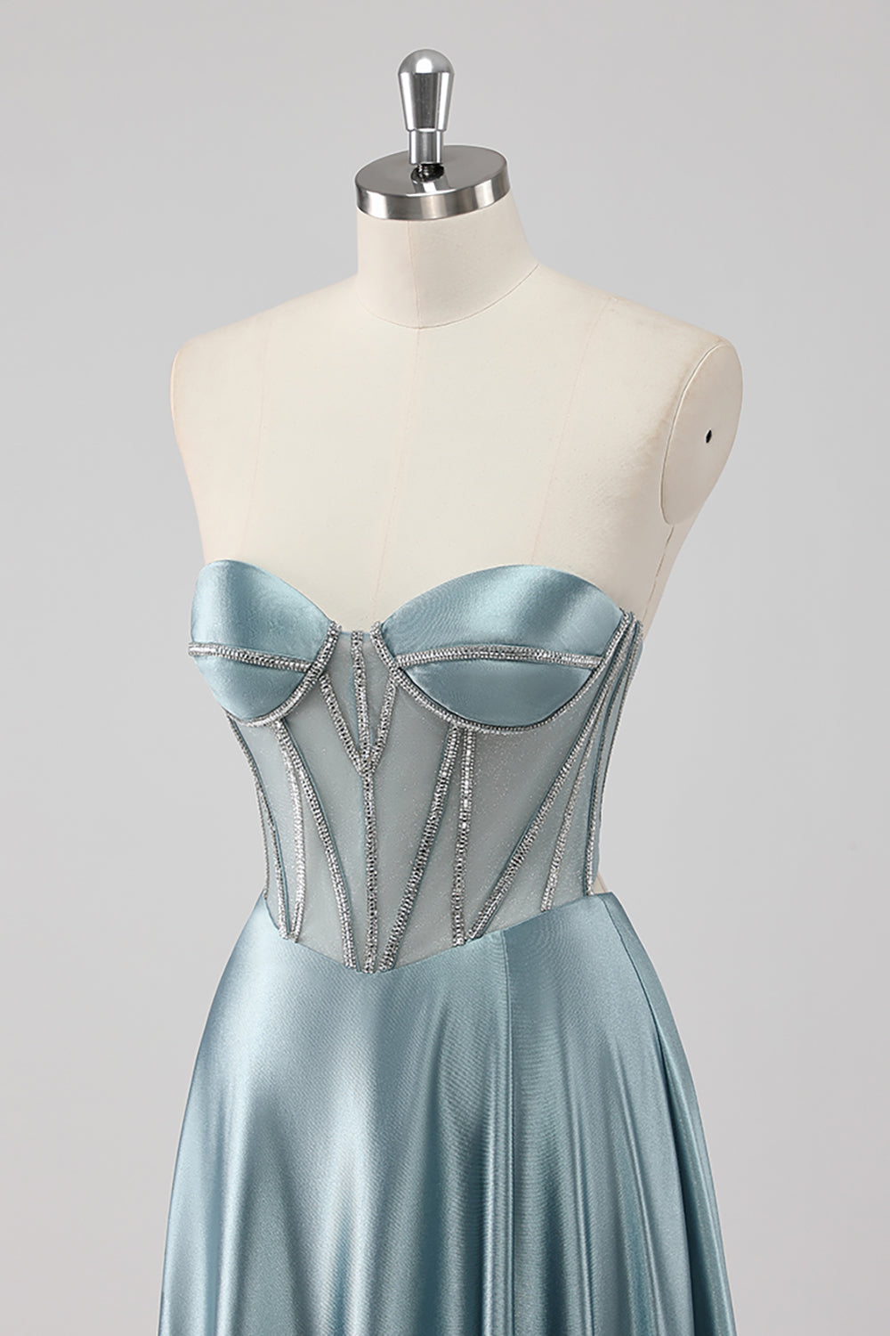 Sparkly Grey Blue Strapless Corset Satin Maxi Prom Dress with Beading