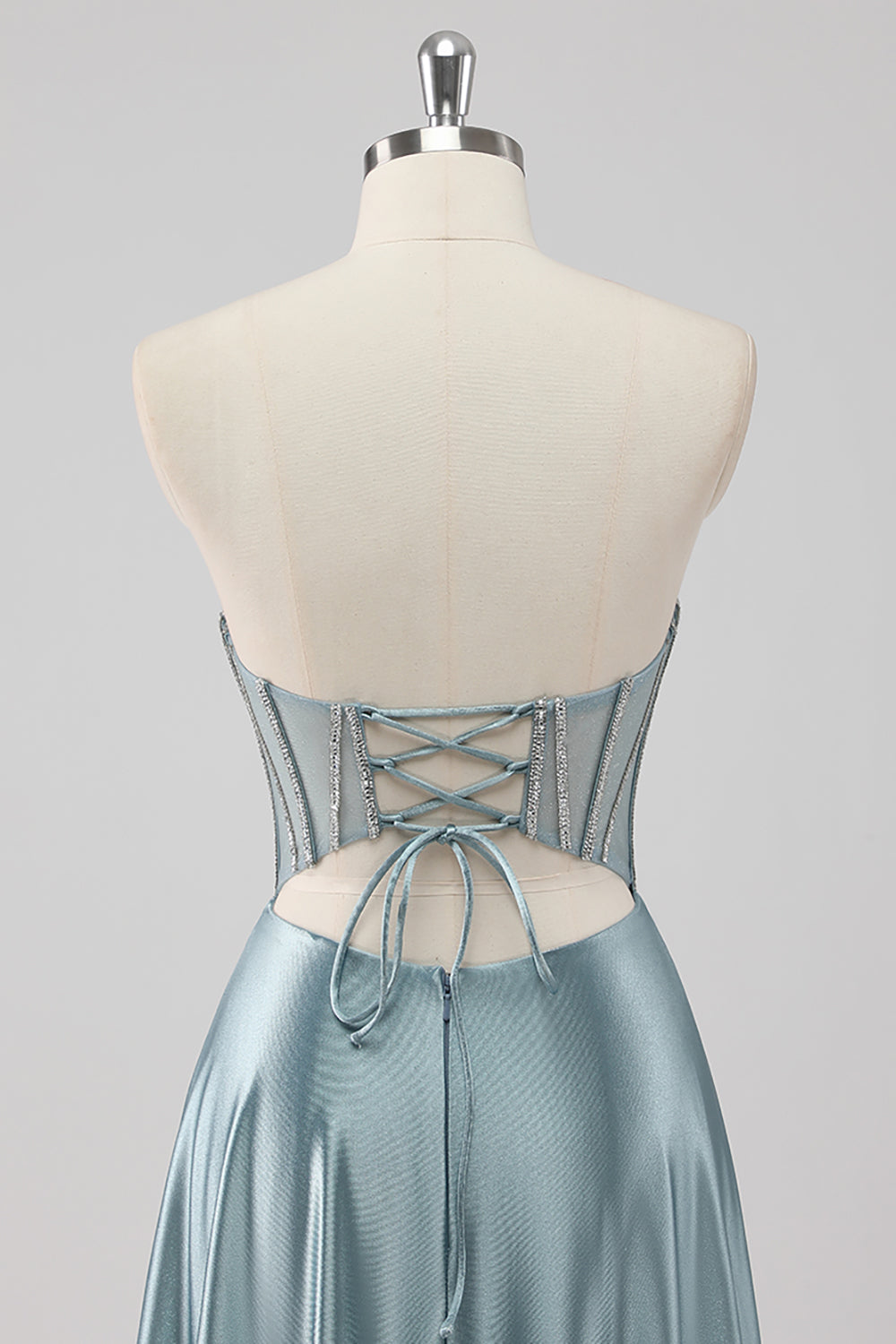 Sparkly Grey Blue Strapless Corset Satin Maxi Prom Dress with Beading