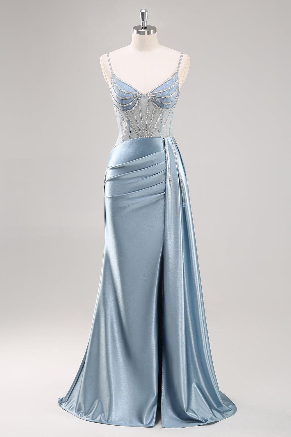 Dusty Blue Spaghetti Straps Beaded Maxi Prom Dress with Slit