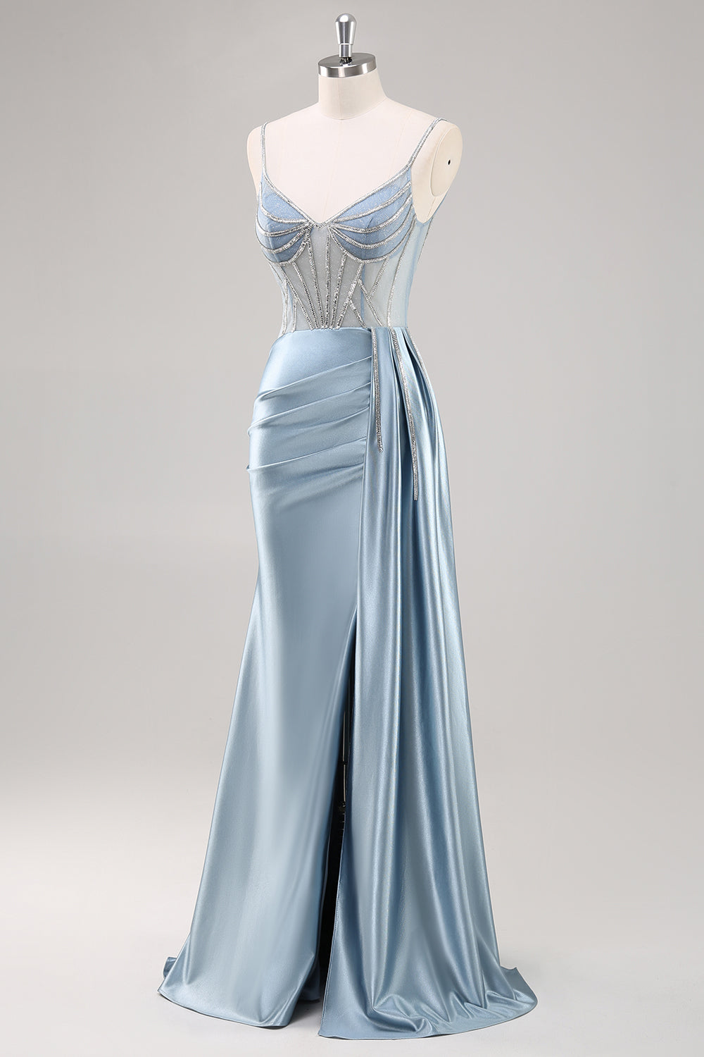 Dusty Blue Spaghetti Straps Beaded Maxi Prom Dress with Slit