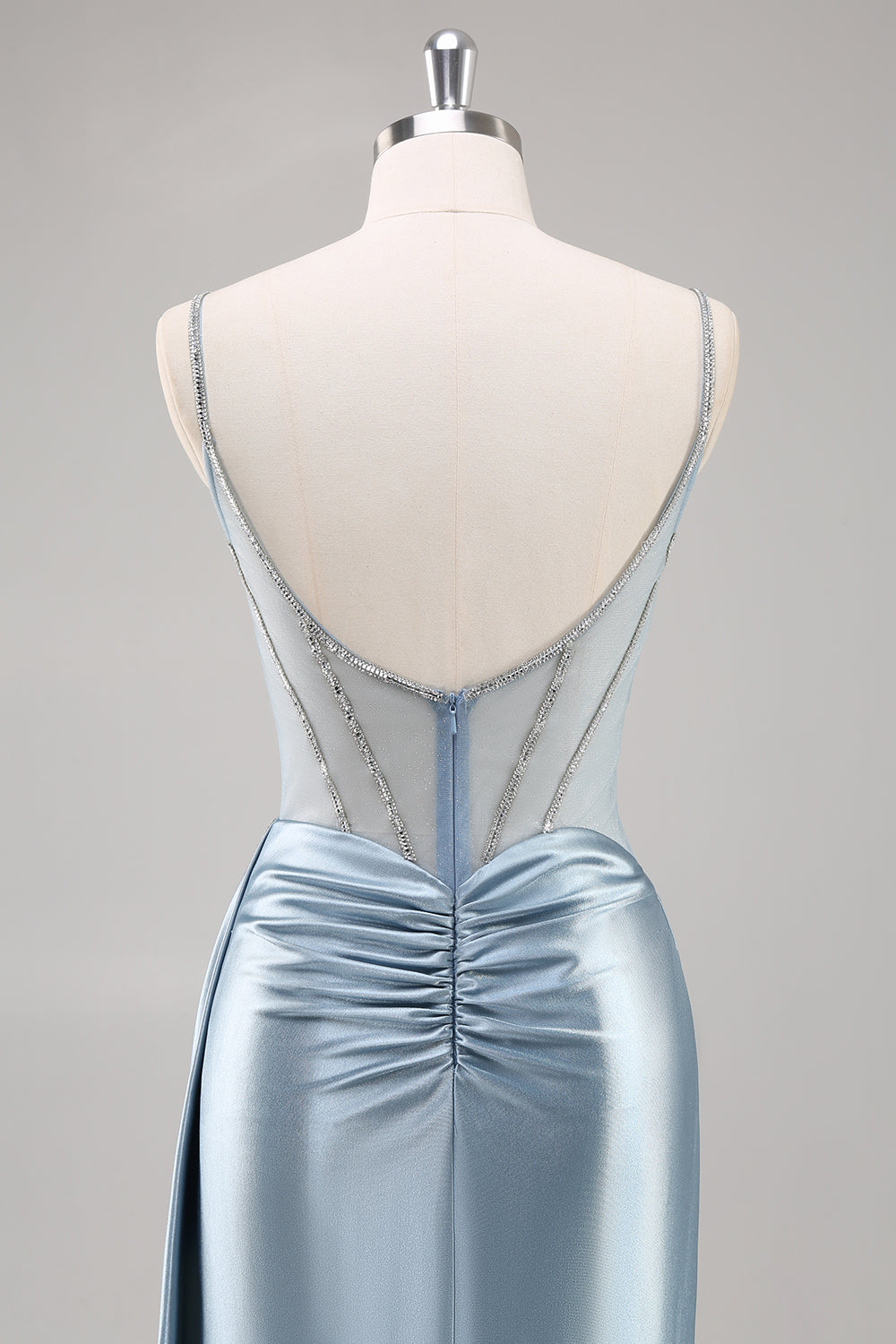 Dusty Blue Spaghetti Straps Beaded Maxi Prom Dress with Slit