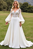 A Line Ivory Satin V Neck Open Back Sweep Train Wedding Dress with Lace