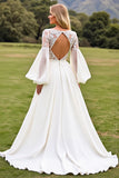 A Line Ivory Satin V Neck Open Back Sweep Train Wedding Dress with Lace