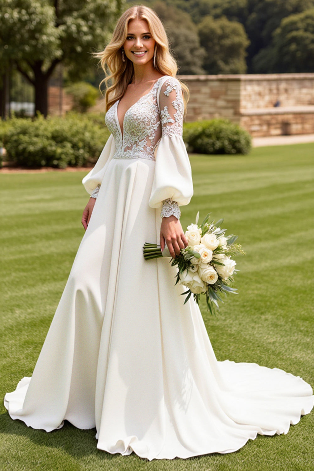 A Line Ivory Satin V Neck Open Back Sweep Train Wedding Dress with Lace