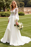 A Line Ivory Satin V Neck Open Back Sweep Train Wedding Dress with Lace