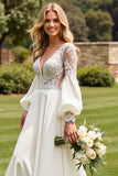 A Line Ivory Satin V Neck Open Back Sweep Train Wedding Dress with Lace