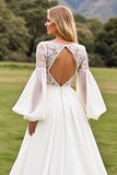 A Line Ivory Satin V Neck Open Back Sweep Train Wedding Dress with Lace