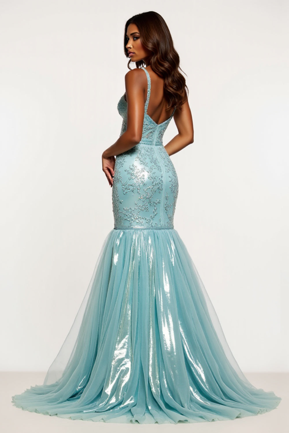 Sparkly Light Blue Mermaid V-Neck Appliqued Long Prom Dress