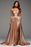Sweetheart Rose Gold Satin Ruched A Line Long Prom Dress with Slit
