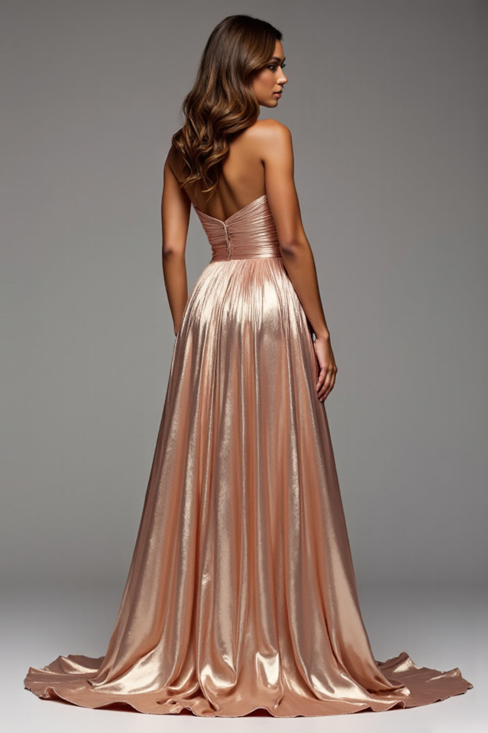 Sweetheart Rose Gold Satin Ruched A Line Long Prom Dress with Slit