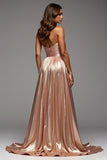 Sweetheart Rose Gold Satin Ruched A Line Long Prom Dress with Slit