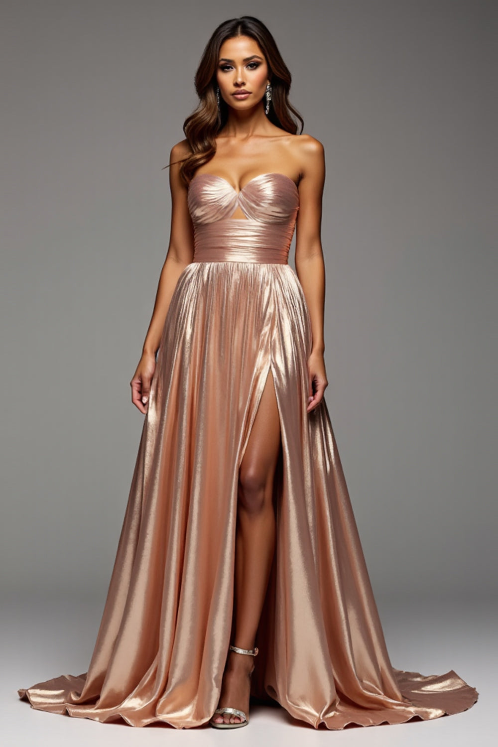 Sweetheart Rose Gold Satin Ruched A Line Long Prom Dress with Slit