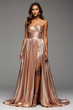 Sweetheart Rose Gold Satin Ruched A Line Long Prom Dress with Slit