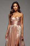 Sweetheart Rose Gold Satin Ruched A Line Long Prom Dress with Slit