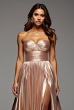Sweetheart Rose Gold Satin Ruched A Line Long Prom Dress with Slit