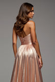 Sweetheart Rose Gold Satin Ruched A Line Long Prom Dress with Slit
