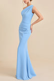 Elegant Sky Blue Sheath Chiffon One Shoulder Long Bridesmaid Dress