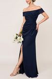 Navy Sheath Chiffon Ruched Long Bridesmaid Dress with Slit