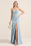 Strapless Dusty Blue Sheath Chiffon Long Bridesmaid Dress with Slit