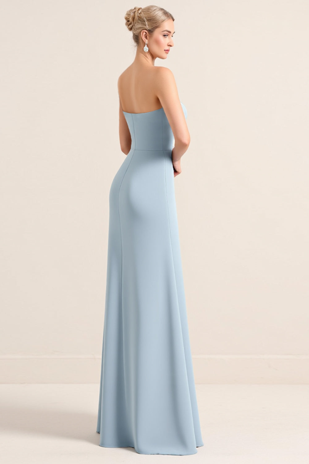 Strapless Dusty Blue Sheath Chiffon Long Bridesmaid Dress with Slit