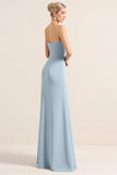 Strapless Dusty Blue Sheath Chiffon Long Bridesmaid Dress with Slit