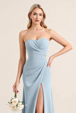 Strapless Dusty Blue Sheath Chiffon Long Bridesmaid Dress with Slit