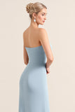 Strapless Dusty Blue Sheath Chiffon Long Bridesmaid Dress with Slit