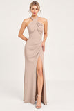 Candy Pink Sheath Satin Halter Neck Long Bridesmaid Dress with Slit