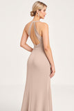 Candy Pink Sheath Satin Halter Neck Long Bridesmaid Dress with Slit