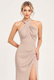 Candy Pink Sheath Satin Halter Neck Long Bridesmaid Dress with Slit
