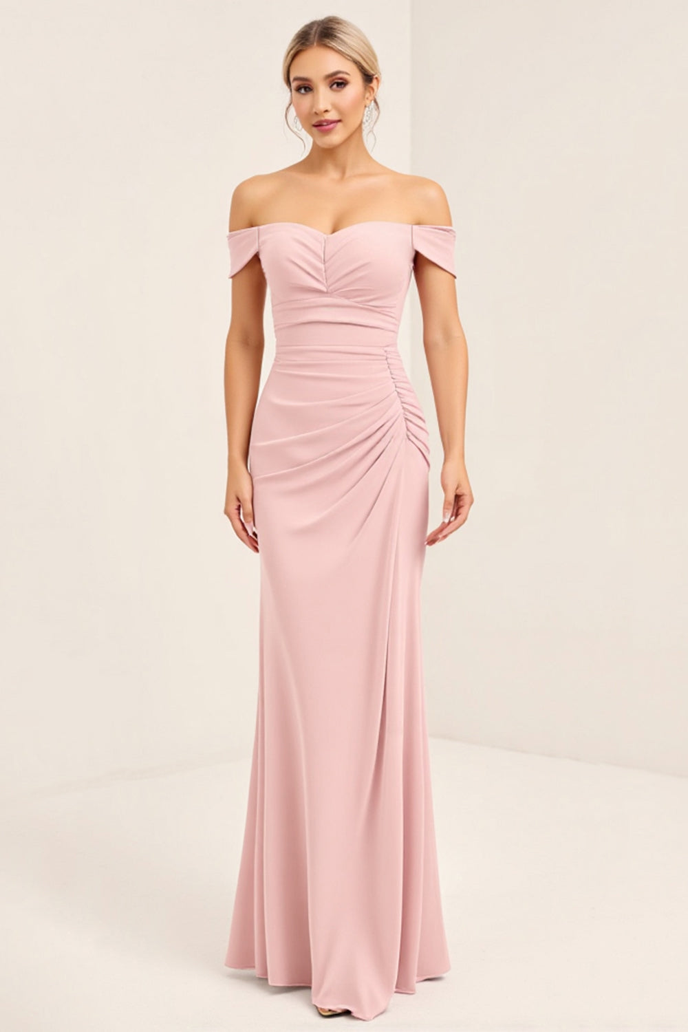 Blush Pink Off the Shoulder Sheath Long Bridesmaid Dress with Side Slit
