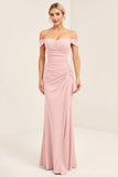 Blush Pink Off the Shoulder Sheath Long Bridesmaid Dress with Side Slit