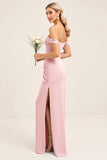 Blush Pink Off the Shoulder Sheath Long Bridesmaid Dress with Side Slit