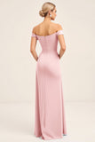 Blush Pink Off the Shoulder Sheath Long Bridesmaid Dress with Side Slit