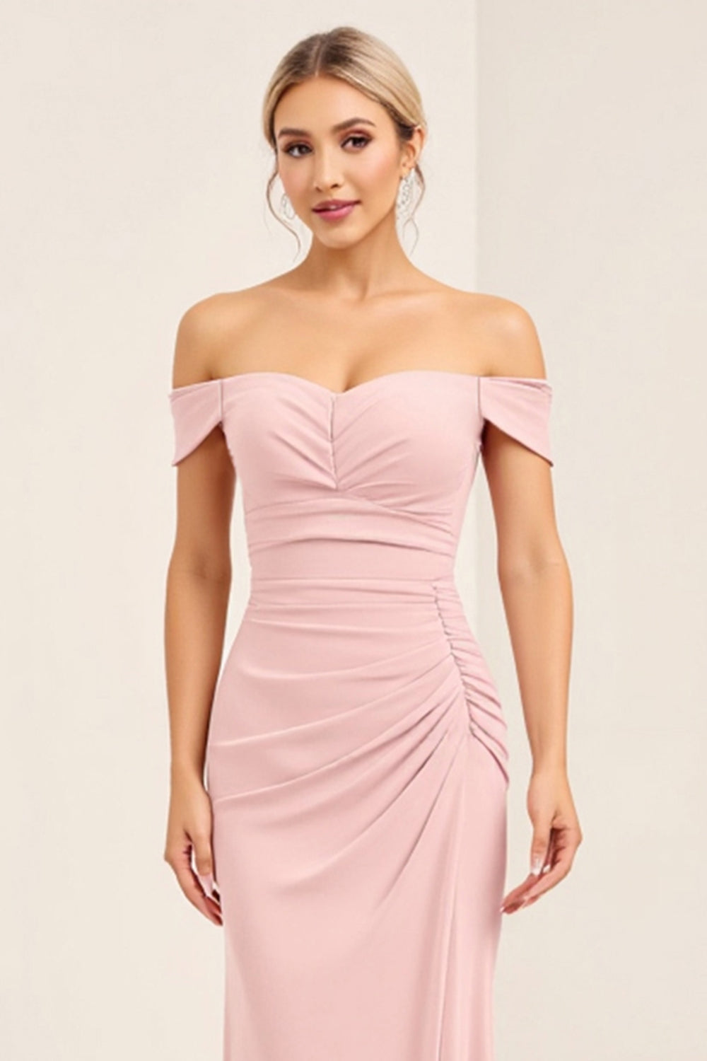 Blush Pink Off the Shoulder Sheath Long Bridesmaid Dress with Side Slit