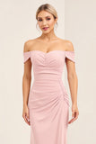 Blush Pink Off the Shoulder Sheath Long Bridesmaid Dress with Side Slit
