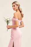 Blush Pink Off the Shoulder Sheath Long Bridesmaid Dress with Side Slit