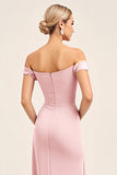 Blush Pink Off the Shoulder Sheath Long Bridesmaid Dress with Side Slit