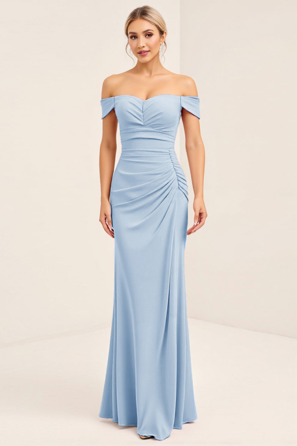 Blush Pink Off the Shoulder Sheath Long Bridesmaid Dress with Side Slit