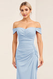 Blush Pink Off the Shoulder Sheath Long Bridesmaid Dress with Side Slit