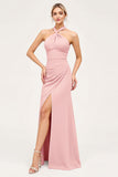 Candy Pink Halter Neck Sheath Maxi Bridesmaid Dress with Slit