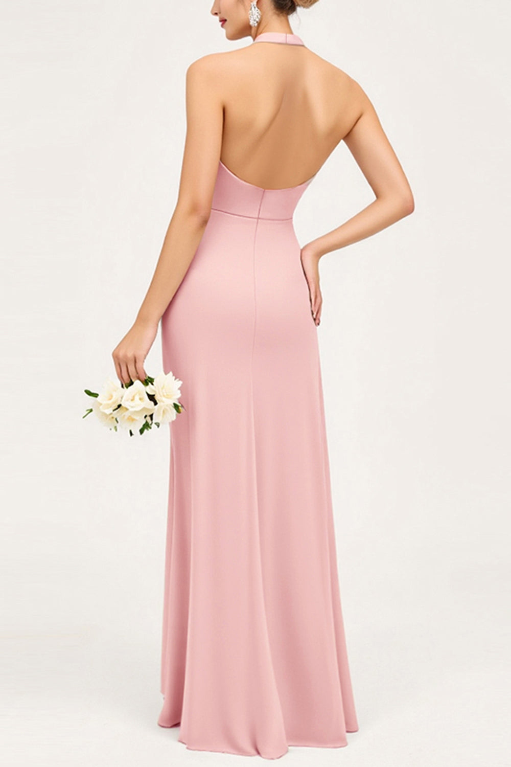 Candy Pink Halter Neck Sheath Maxi Bridesmaid Dress with Slit