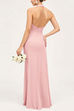 Candy Pink Halter Neck Sheath Maxi Bridesmaid Dress with Slit