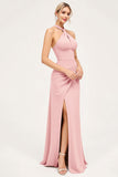 Candy Pink Halter Neck Sheath Maxi Bridesmaid Dress with Slit