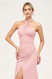 Candy Pink Halter Neck Sheath Maxi Bridesmaid Dress with Slit