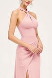Candy Pink Halter Neck Sheath Maxi Bridesmaid Dress with Slit