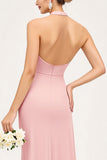 Candy Pink Halter Neck Sheath Maxi Bridesmaid Dress with Slit