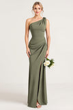 Olive Maxi Sheath Satin One Shoulder Bridesmaid Dress with Slit